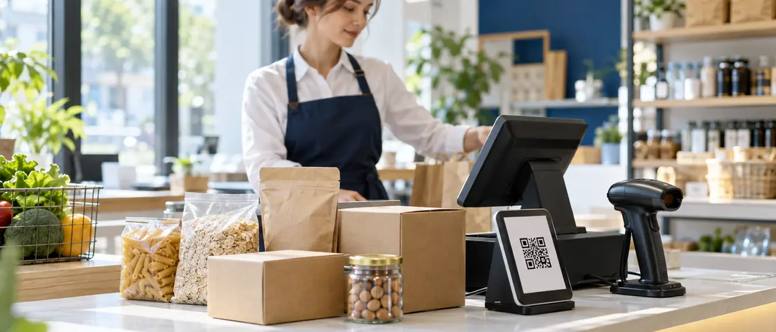 Касса магазина с терминалом оплаты по QR-коду и маркированными товарами